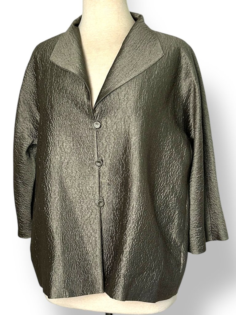 Eileen Fisher Matrix 100% Silk Lined Metallic Button Up Jacket Blazer Sz Pl
